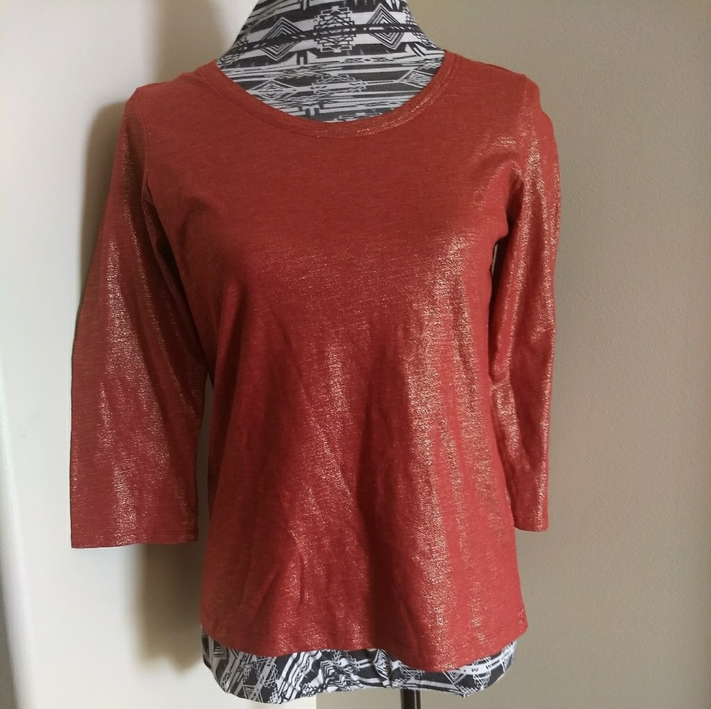 Zenergy by Chicos Orange With Gold 3/4 sleeve tee *3/$30 Sale*